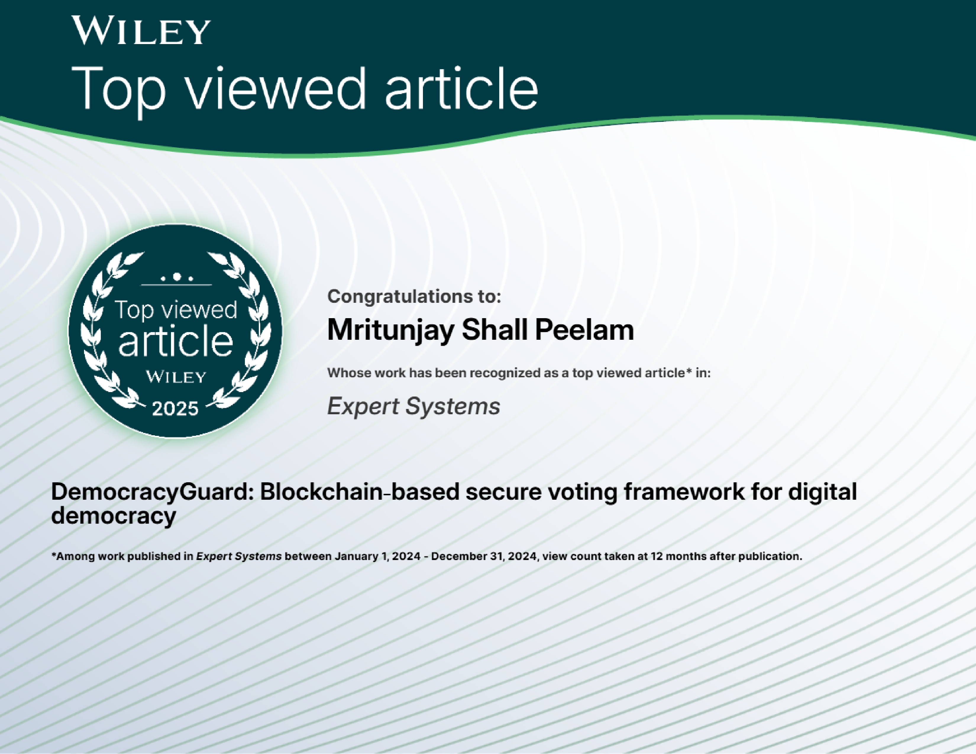 Wiley Top Viewed Article 2025 certificate for Expert Systems