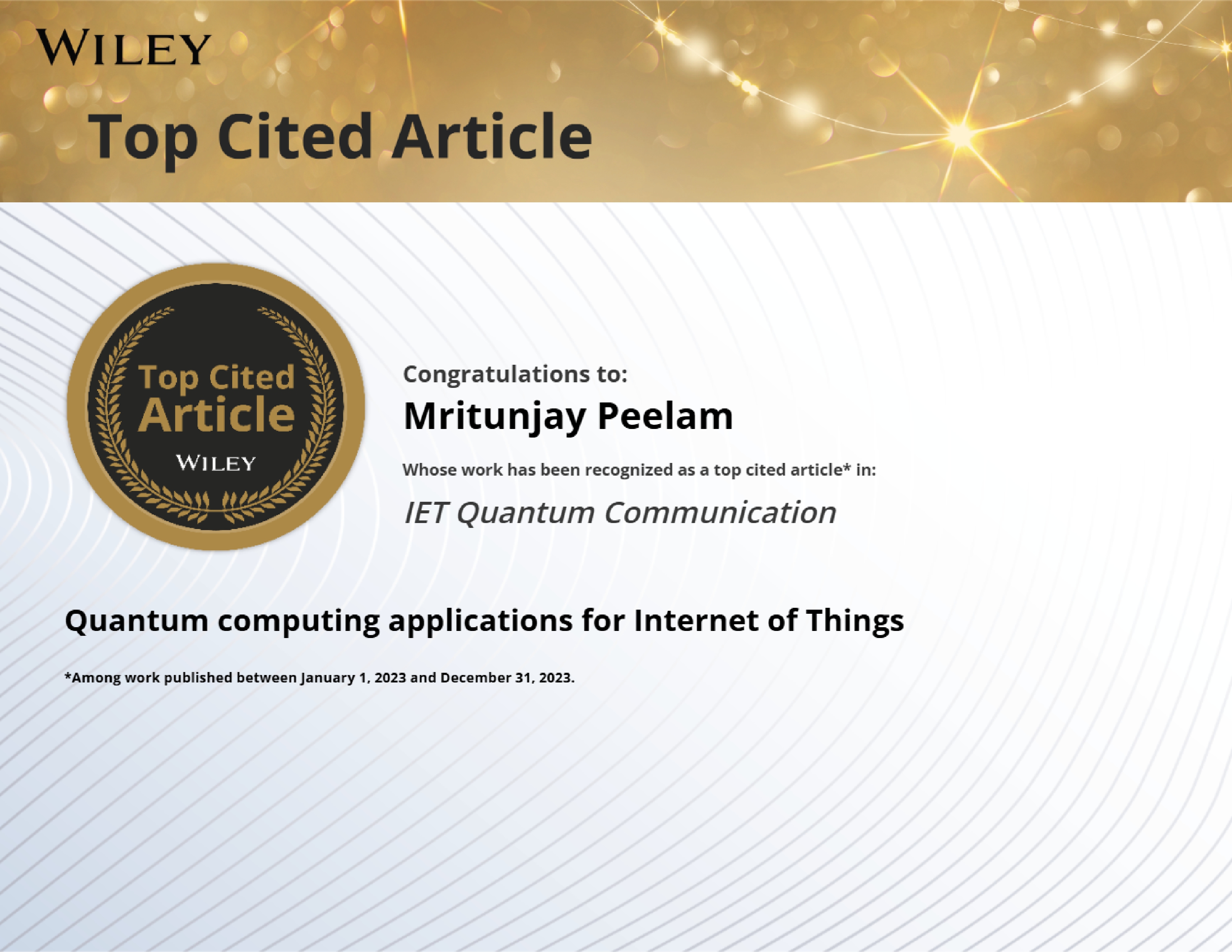 Wiley Top Cited Article certificate for IET Quantum Communication